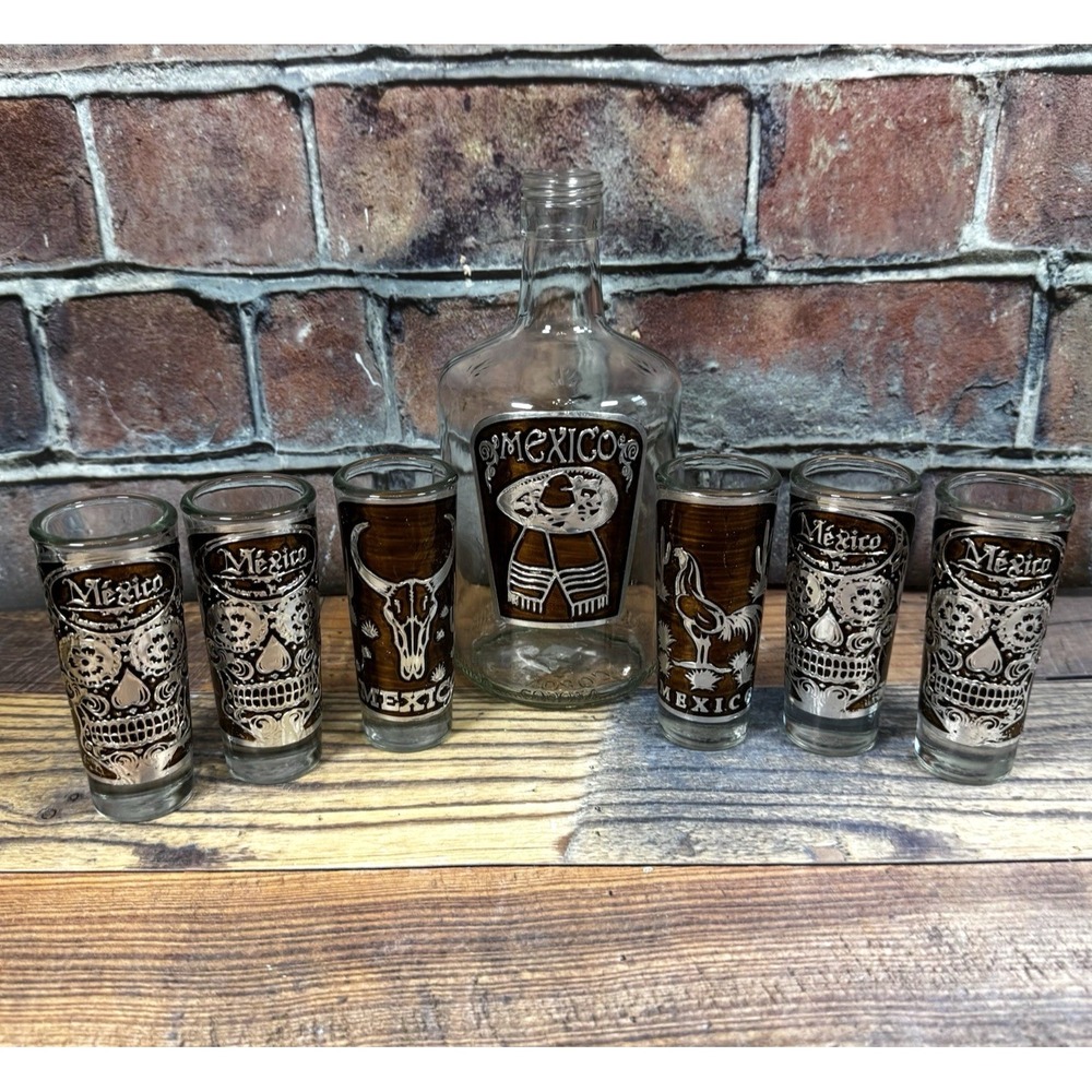 Vintage Mexican Tequila Set Decanter 6 Shot Glasses Silver Brown Overlay Barware